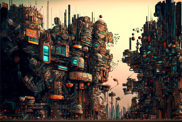 Futuristic comic city skyline