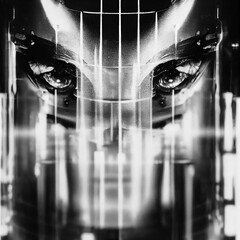 Looking through the glass, cyborg human superhero. 