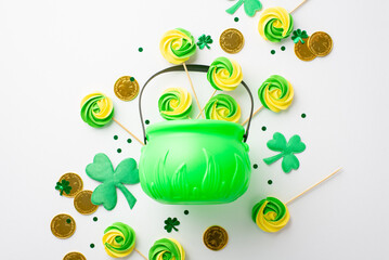 St Patrick's Day concept. Top view photo of green pot with meringue lollipops gold coins clovers...