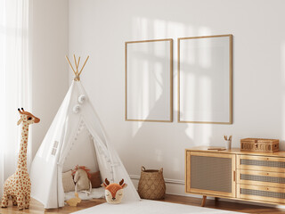 Frame mockup in the children's room interior. Nursery Interior. Boho scandinavian eco style. 3d rendering, 3d illustration
- 568994305