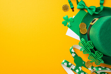 St Patrick's Day concept. Top view photo of leprechaun cap suspenders gold coins envelope letter...