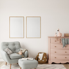Frame mockup in the children's room interior. Nursery Interior. Boho scandinavian eco style. 3d rendering, 3d illustration   © Yuri-U