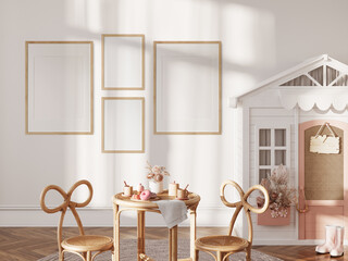 Frame mockup in the children's room interior. Nursery Interior. Boho scandinavian eco style. 3d rendering, 3d illustration	

