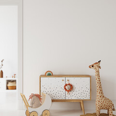Wall mockup in the children's room interior. Nursery Interior. Boho scandinavian eco style. 3d rendering, 3d illustration
- 568994530