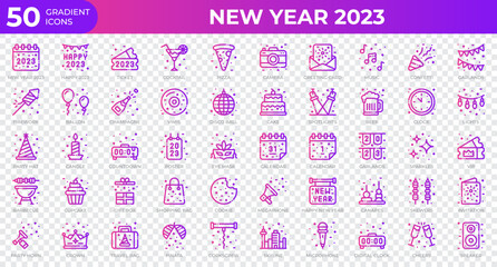 New year 2023 icons in gradient style. Calendar, Confetti, Pizza. Gradient icons collection. Holiday symbol. Vector illustration