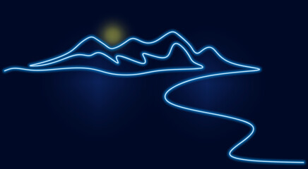 Mountain in neon light. Glowing neon mountain with sun. One line mountain in vivid blue color. vector
