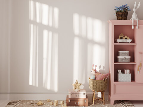 Wall mockup in the children's room interior. Nursery Interior. Boho scandinavian eco style. 3d rendering, 3d illustration	
