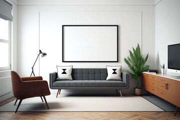 White Mid Century Office Room Contain Big Sofas with  Horizontal Mockup Photo, Poster Frame, Table Lamp - Generative AI