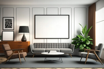 Mid Century Office Room Contain Big Sofas with Horizontal Mockup Photo, Poster Frame, Table Lamp - Generative AI