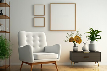 White Mid Century Room with Comfortable Armchair, Shelf and 3 Mockup Photo, Poster Frame - Generative AI