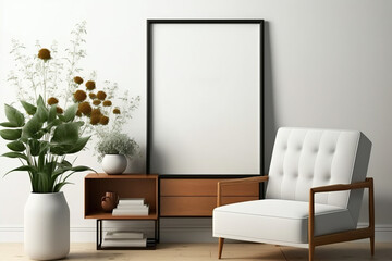 Mid  Century Room with Comfortable Armchair, Shelf and Mockup Poster, Photo Frame - Generative AI