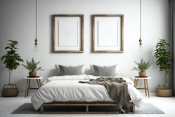 White Minimalist Open Spaces Bedroom wih Wooden Frames Bed, Mockup Two Wood Photo, Poster Frame on The White Wall - Generative AI 