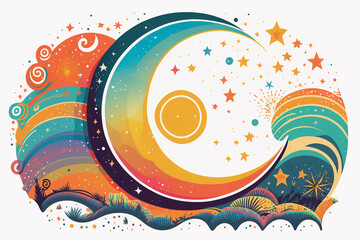 Moon, sparkles and smiling, colorful illustration, folk art