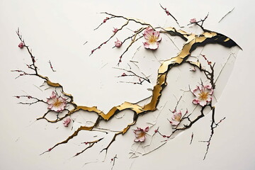Japanese kintsugi spring sakura gloden tree cherry blossom white luxurious with crack background desktop AI