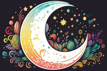 Moon, sparkles and smiling, colorful illustration, folk art