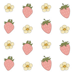 Seamless pattern with pink strawberries and flowers in line art style on white background.