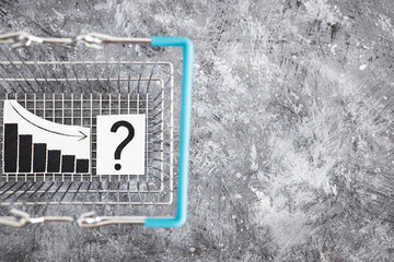 will groceries and retail prices drop in 2023? shopping basket with text chart and question mark. inflation concept