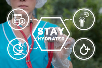 Stay hydrated medical advice concept. Healthy lifestyle. Drink clean room temperature water during working time for healthy and stay hydrated at work. - obrazy, fototapety, plakaty
