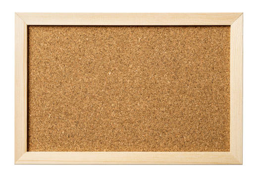 Simple wooden picture frame cutout. Cork board with pine wood frame isolated on a white background. Notice board for message, announcement bulletin board concept. Copy space.