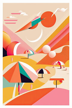 summer background with beach scene in orange tone colors, generative ai illustration