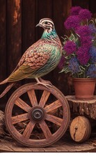 Countryside Scene with Quail Bird, Old Wooden Wheel and Farmland, Central Composition, AI Generative