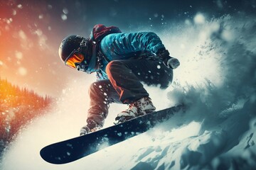 Fototapeta na wymiar Snowboarder freeride on the slope in snow mountain. Generative AI
