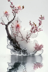 Frozen Twig with Ice and Snow, Adorned by Pink Plum Flowers, AI Generative.