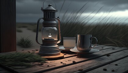 Old Used Oil Storm Lampe, Cup with Hot Drink on Wooden Veranda View of stormy Baltic sea and dunes, AI Generative - obrazy, fototapety, plakaty