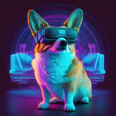 corgi dog in virtual reality glasses on abstract dark background. 80s vibe, synthwave style, AI Generative.