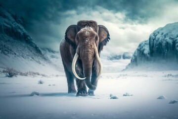 Mammoth elephant walking in snow winter mountains. Generative AI