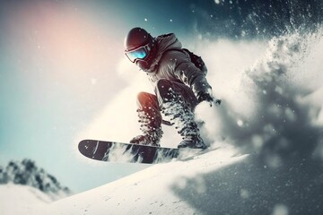 Fototapeta na wymiar Snowboarder freeride on the slope in snow mountain. Generative AI