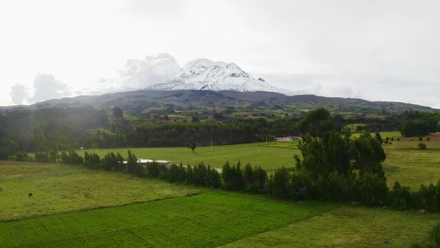 Chimborazo Volcano, Snowy Mountain, aerial drone footage. 