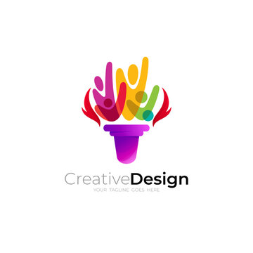 Torch logo with blended people image, abstract icon vector