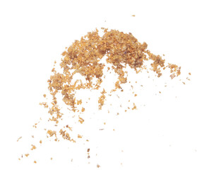 Fried Garlic pour fall down explosion, golden yellow fried garlic float abstract fly. Beautiful fried garlic splash stop in air, food object design. White background isolated high speed freeze