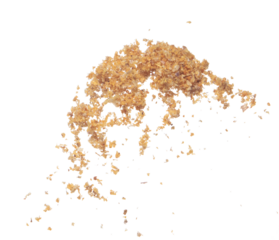 Fried Garlic pour fall down explosion, golden yellow fried garlic float abstract fly. Beautiful fried garlic splash stop in air, food object design. White background isolated high speed freeze