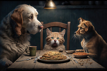 Ein Hund und eine Katze essen zusammen Generative AI