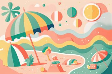 Fototapeta na wymiar Holidays at the beach card generative ai modern illustration with soft pastel colors