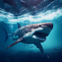dangerous shark swims in the depths of the ocean, generative AI