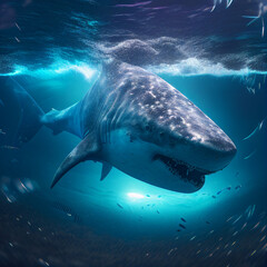 Fototapeta premium dangerous shark swims in the depths of the ocean, generative AI