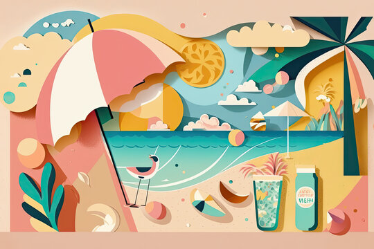 Summer beach background scene in soft pastel colors, generative ai illustration
