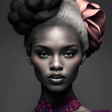 Fictitious woman, fashion model with beautiful hair arrangemen. Generative ai image