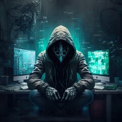 Hacker sitting in his technological room