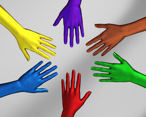 Multi-colored female hands on top of each other as a team. 3d illustration.