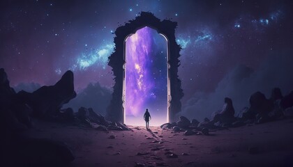 Man walks towards a giant portal leading to other dimensions, under the starry night sky - Illustration, Generative AI