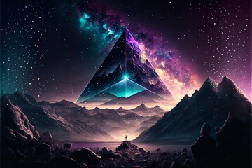 A portal in the starry sky leading to another dimension shaped like a triangle - Illustration, Generative AI