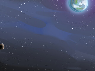 Obraz na płótnie Canvas Interstellar Space with Planet and Moon Digital Illustration