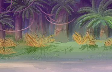 Fototapeta na wymiar Tropical Lush Jungle Interior Painting Concept Art
