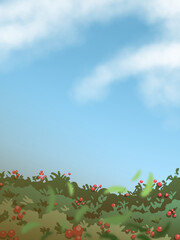 Red Berry Bush with Cloudy Blue Sky Cartoon Background Illustration