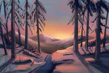 There are trees and rivers in the snow. Small streams flow water. The sun goes down.Character Design Concept Art Book Illustration Video Game Digital Painting. CG Artwork Background. 
