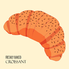 Sweet and delicious freshly baked croissant with chocolate drops. Food vector illustration.